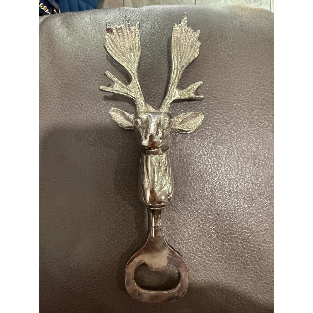 Silver Stag Head Bottle Opener Metal Deer Antler Barware Rustic Lodge Decor